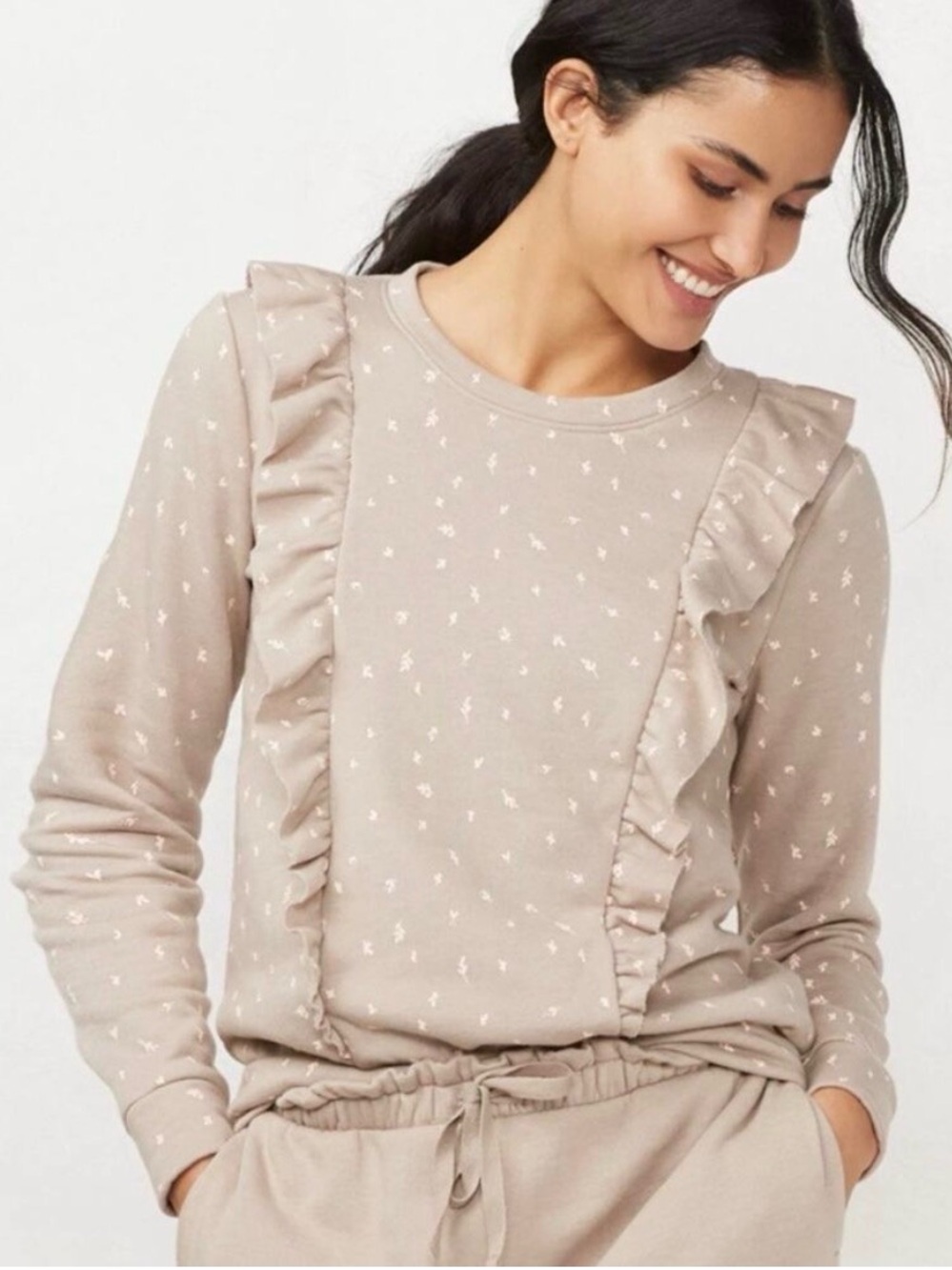 LC Lauren Conrad Feminine Tiny Floral Ruffle Terry Cloth Crewneck Sweatshirt OX